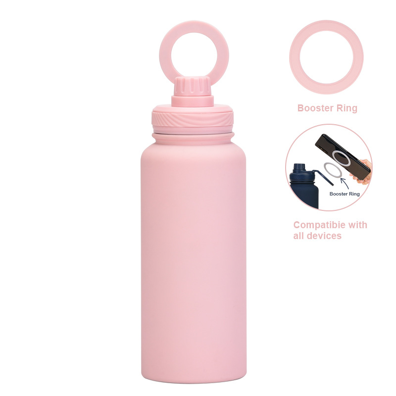 V888-ELOSUNG27252-202504281423-00 Light Pink 1L Stainless Steel Water Bottle with Magnetic Phone Holder Lid - Portable Hydration & Hands-Free Stand - Image 1