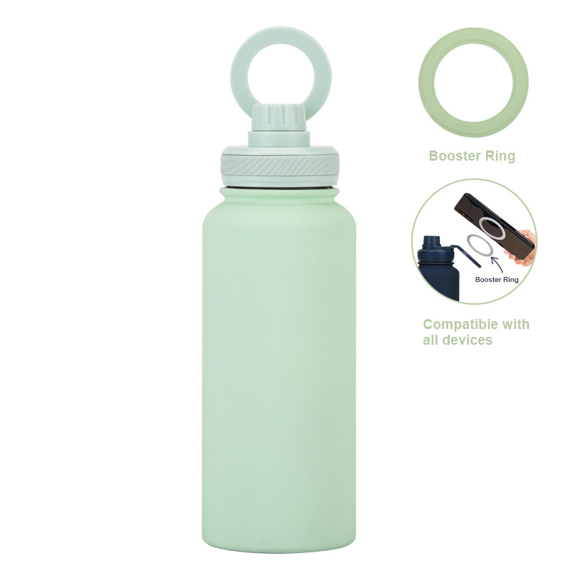 V888-ELOSUNG27253-202504281425-00 Light Green 1L Stainless Steel Water Bottle with Magnetic Phone Holder Lid - Portable Hydration & Hands-Free Stand - Image 1