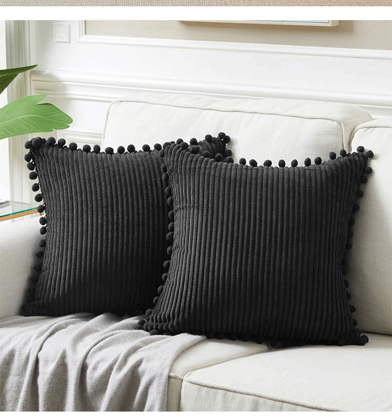 V888-ELOSUNG27304-202504291547-00 Black Soft Corduroy Cushion Covers with Pom Pom Trim - Set of 2 Decorative Throw Pillow Cases for Sofa Couch Bed, 45x45cm - Image 1