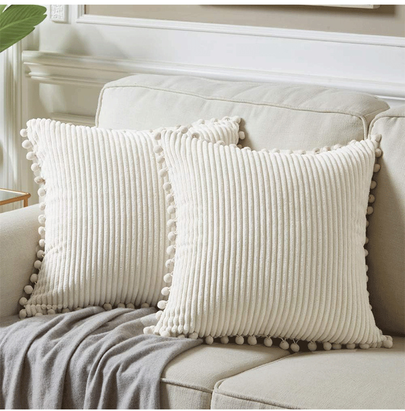 V888-ELOSUNG27306-202504291548-00 White Soft Corduroy Cushion Covers with Pom Pom Trim - Set of 2 Decorative Throw Pillow Cases for Sofa Couch Bed, 45x45cm - Image 1