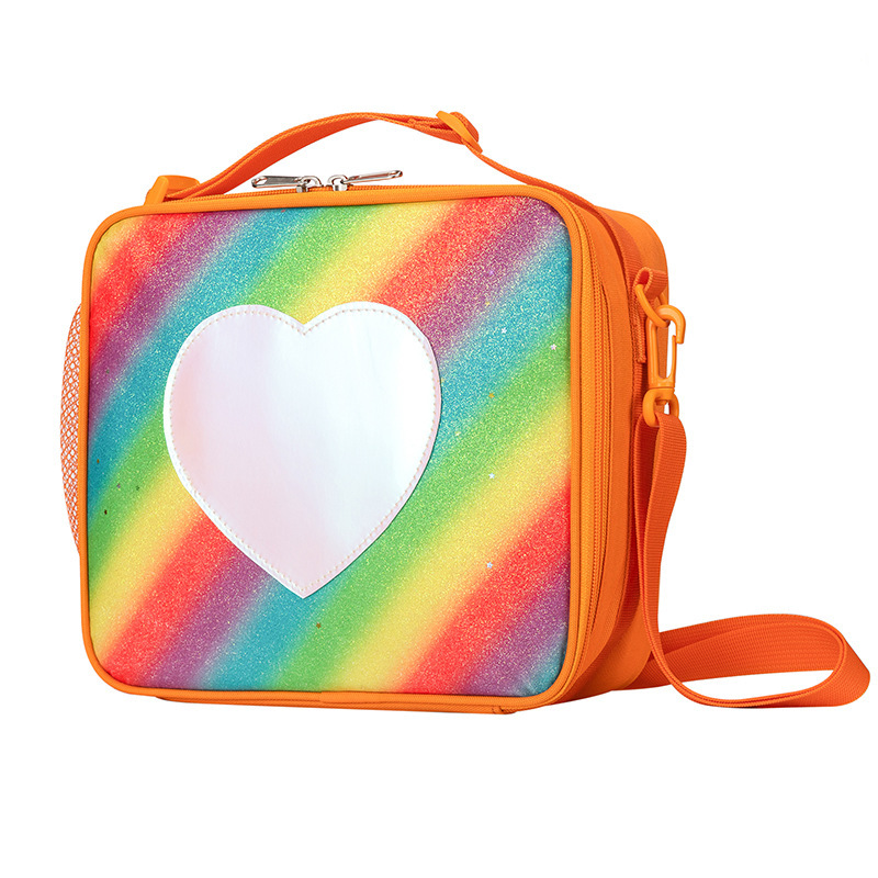 V888-ELOSUNG27337-202505061406-00 Orange Sparkling Rainbow Heart Insulated Lunch Bag for Kids - Portable School Lunch Box with Shoulder Strap - Image 1