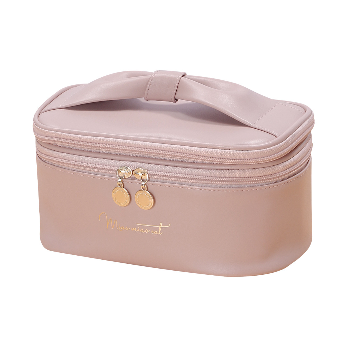 V888-ELOSUNG27341-202505061410-00 Pink Stylish PU Leather Makeup Bag - Large Capacity Double Layer Waterproof Travel Cosmetic Organizer Case for Women - Image 1