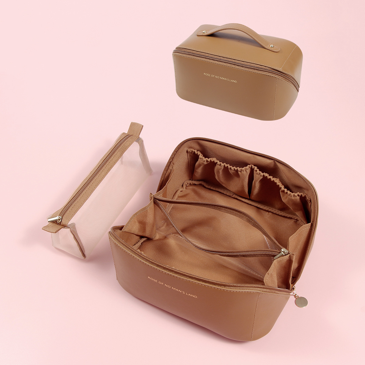 V888-ELOSUNG27368-202505071506-00 Brown Elegant PU Leather Makeup Bag & Toiletry Organizer with Detachable Mesh Pouch - Large Capacity Travel Cosmetic Case - Image 1