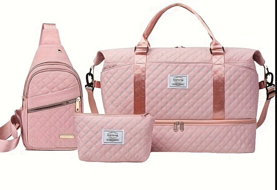 V888-ELOSUNG27486-202505131742-00 Pink Chic 3-Piece Quilted Travel Bag Set - Duffel, Crossbody Sling & Toiletry Pouch - Large Capacity & Lightweight - Image 1