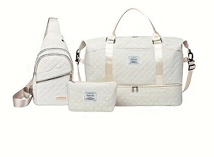 V888-ELOSUNG27488-202505131747-00 White Chic 3-Piece Quilted Travel Bag Set - Duffel, Crossbody Sling & Toiletry Pouch - Large Capacity & Lightweight - Image 1