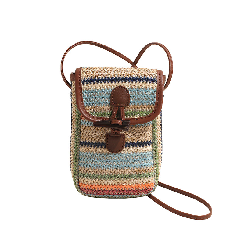 V888-ELOSUNG27558-202505131723-00 Blue And Khaki Boho Chic Woven Straw Crossbody Bag - Colourful Striped Mini Phone Pouch with Toggle Closure - Image 1