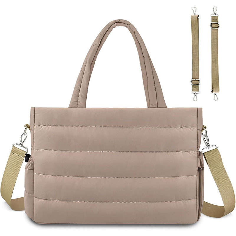 V888-ELOSUNG27619-202505151625-00 Khaki Stylish Quilted Nylon Tote Bag - Large Capacity Diaper Nappy Bag for Travel & Stroller with Adjustable Straps - Image 1