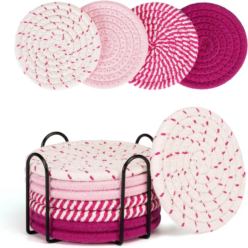 V888-ELOSUNG27627-202505151641-00 Beige and Pink Absorbent Woven Cotton Coasters - Set of 8 with Metal Holder - Heat Resistant Drink Mats for Table Protection - Image 1