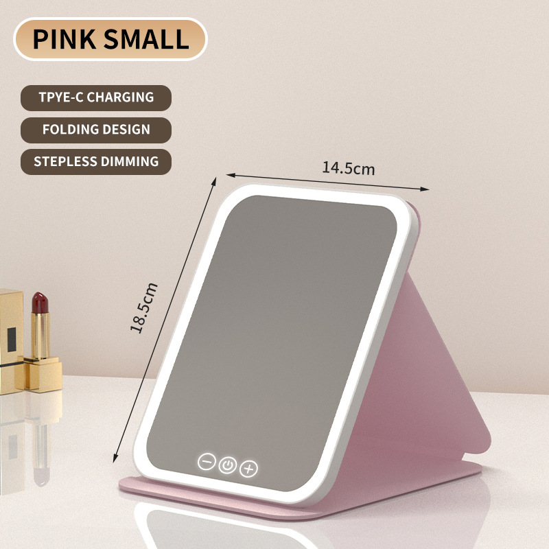 V888-ELOSUNG27707-202505151637-00 Pink Small Foldable LED Makeup Mirror - Portable Desktop Vanity with 3 Color Lights, Stepless Dimming & Adjustable Stand - Image 1