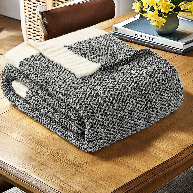 V888-ELOSUNG27857-202505231328-00 Black and White Plush Chenille-Knit Throw Blanket - Soft Cozy Polyester for Bed & Sofa | Textured Two-Tone Design (127x153cm) - Image 1
