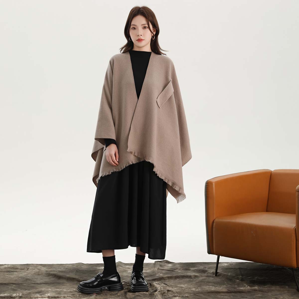 V888-ELOSUNG27894-202505231132-00 Khaki Elegant Soft Knit Poncho Cape - Warm Autumn Winter Shawl Wrap with Side Tie, Thick & Luxurious Feel - Image 1