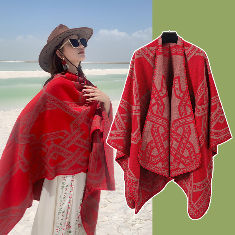 V888-ELOSUNG28057-202504281242-00 Red Bohemian Ethnic Print Blanket Poncho - Warm Windproof Oversized Shawl Wrap (130x150cm) - Image 1