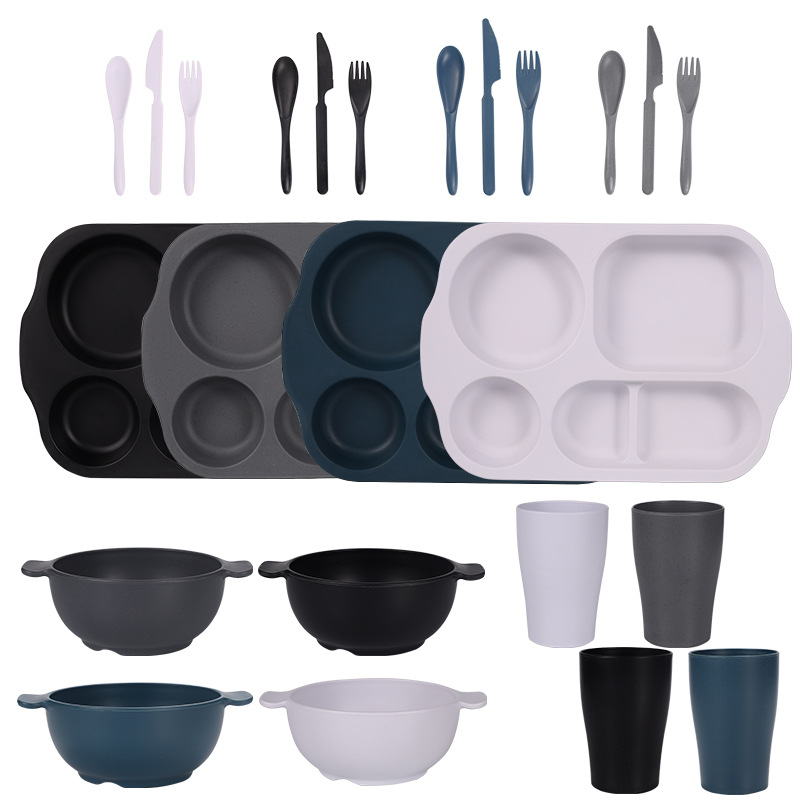 V888-ELOSUNG28145-202504281611-00 Black, Dark Grey, White, Dark Blue Durable Eco-Friendly Wheat Straw Dinnerware Set - 24 Pieces with Plates, Bowls, Cups & Cutlery - Image 1