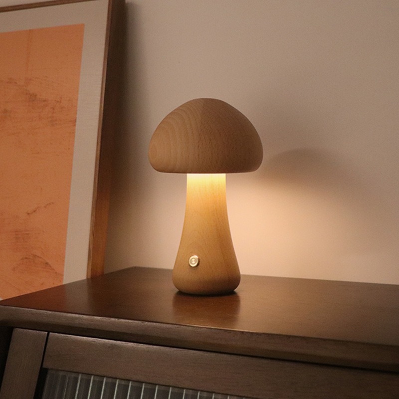V888-ELOSUNG28194-202504291536-00 Brown Solid Wood Mushroom LED Table Lamp - Rechargeable Touch Control Bedside Night Light (Large) - Image 1