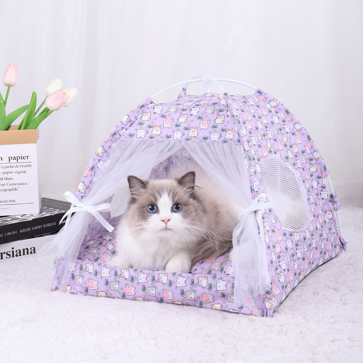 V888-ELOSUNG28227-202504301615-00 S 35*35CM 5 Catties Within The Pet Purple Cat Cooling Summer Pet Tent - Portable Foldable Breathable Outdoor Cat House Shelter - Image 1
