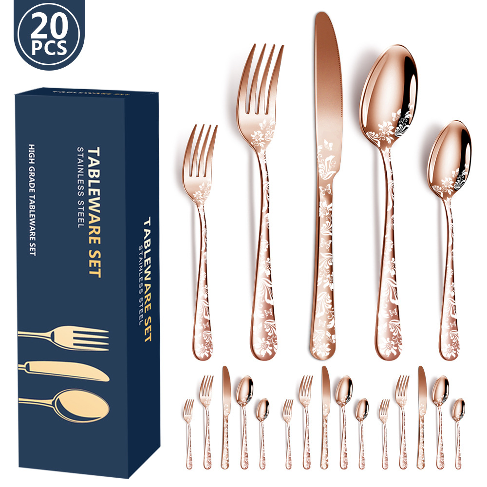 V888-ELOSUNG28244-202505061345-00 Rose Gold Elegant 20-Piece Stainless Steel Cutlery Set with Floral Design - Dinner & Steak Knives, Forks, Spoons - Image 1