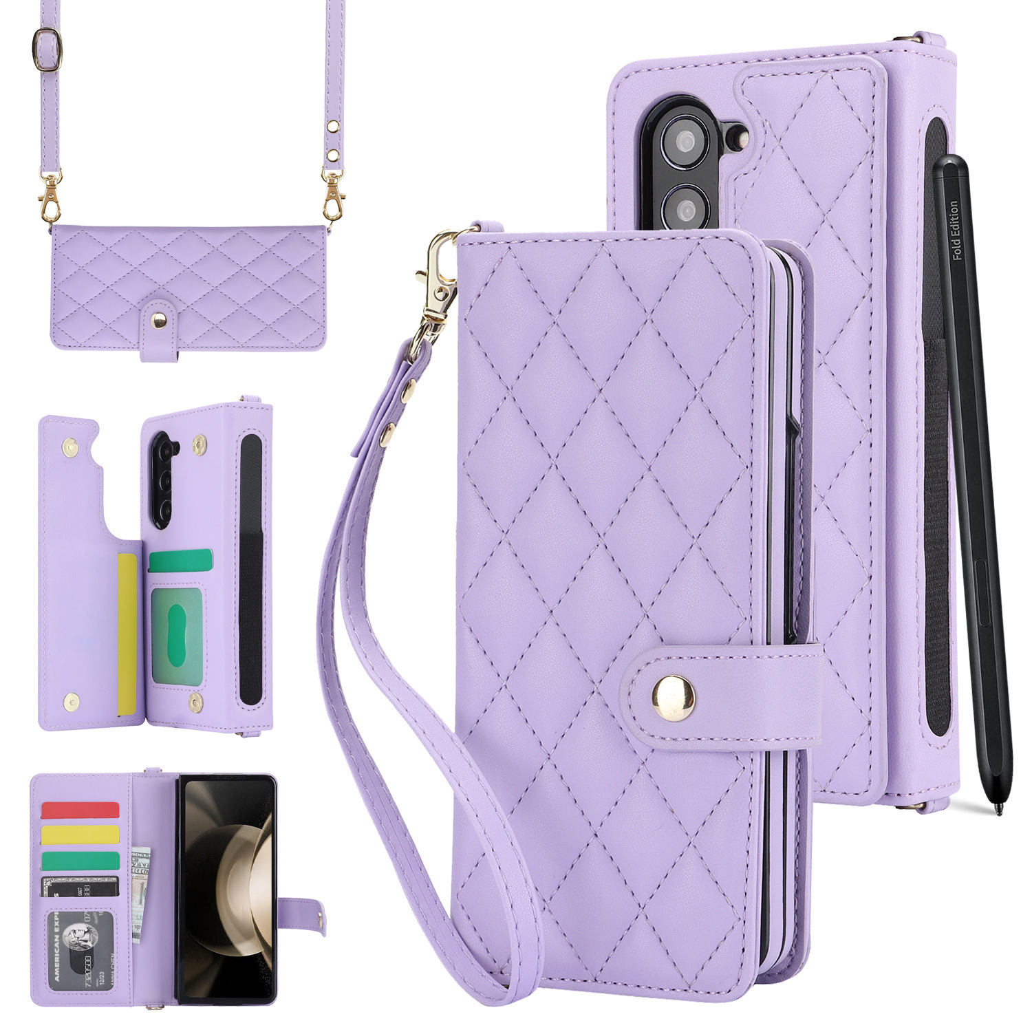 V888-ELOSUNG28328-202505081725-00 Purple Galaxy Z Fold6 Multi-Functional Leather Wallet Case for Samsung Z Fold Series - Crossbody with Pen Slot, Quilted Design Pen Not Included - Image 1