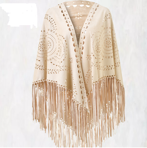 V888-ELOSUNG28373-202505132016-00 Beige Suede Wheat Tassel Triangle Scarf - Autumn Warm Shawl for Women, Hollow-Out Fringe Design - Image 1