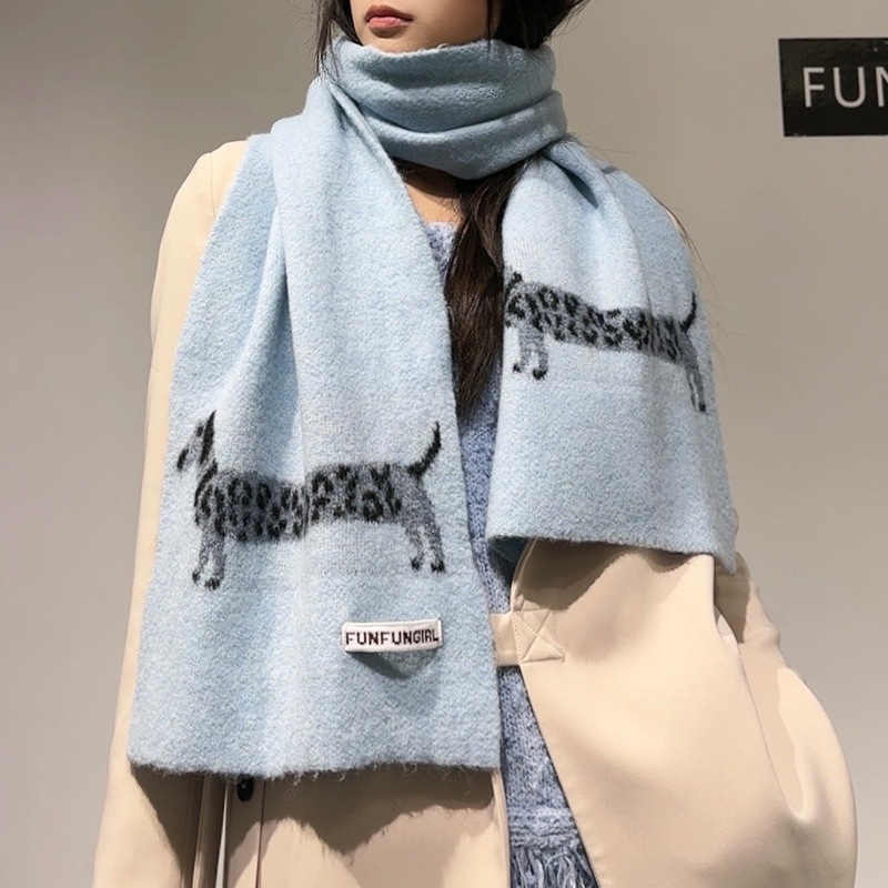 V888-ELOSUNG28387-202505131707-00 Blue Cute Korean-Style Wool Scarf with Dog Design - Unisex Knitted Winter Neck Wrap - Image 1