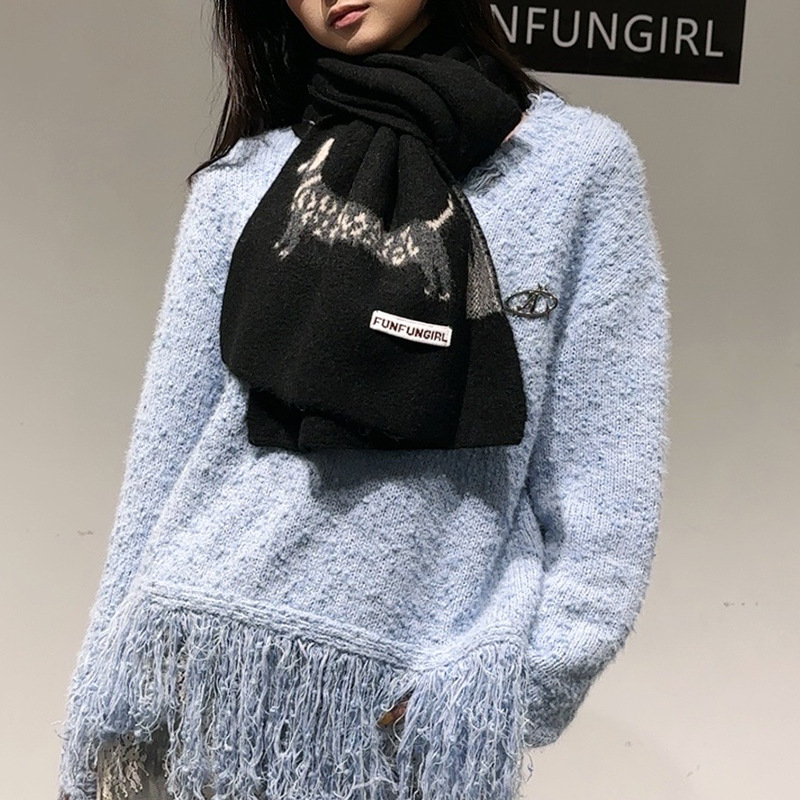 V888-ELOSUNG28388-202505131707-00 Black Cute Korean-Style Wool Scarf with Dog Design - Unisex Knitted Winter Neck Wrap - Image 1