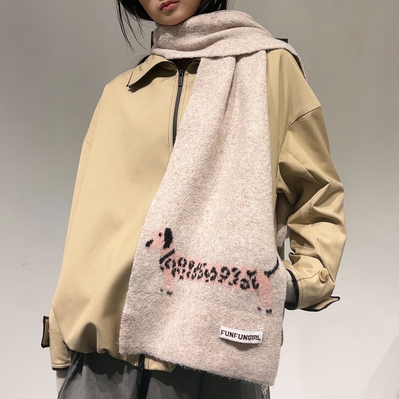 V888-ELOSUNG28392-202505131710-00 Beige Cute Korean-Style Wool Scarf with Dog Design - Unisex Knitted Winter Neck Wrap - Image 1