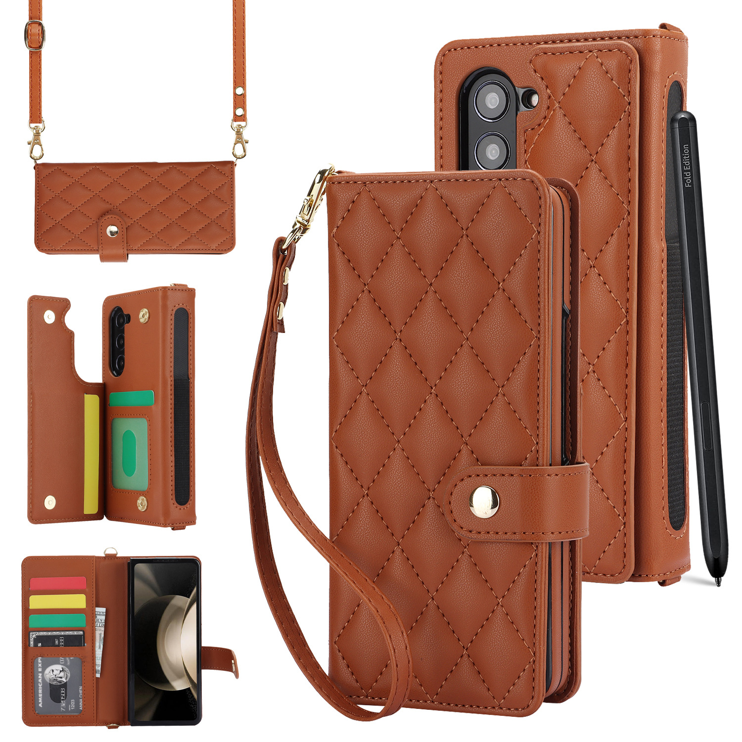 V888-ELOSUNG28436-202505131811-00 Brown Galaxy Z Fold5 Multi-Functional Leather Wallet Case for Samsung Z Fold Series - Crossbody with Pen Slot, Quilted Design Pen Not Included - Image 1