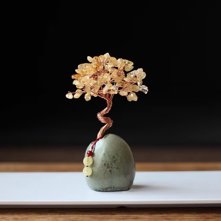 V888-ELOSUNG28519-202505131906-00 Yellow Crystal Natural Crystal Wealth Tree - 12cm Feng Shui Decor, Elegant Office Desk Ornament - Image 1