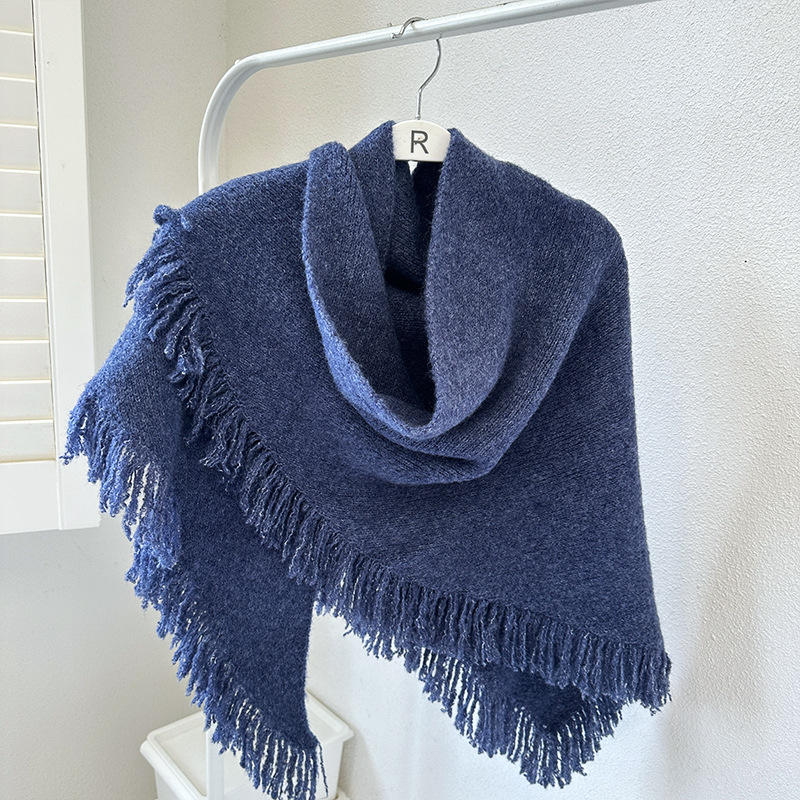 V888-ELOSUNG28682-202505191347-00 Navy Blue Versatile Fringed Faux Wool Triangle Shawl - Warm Knitted Scarf - Image 1