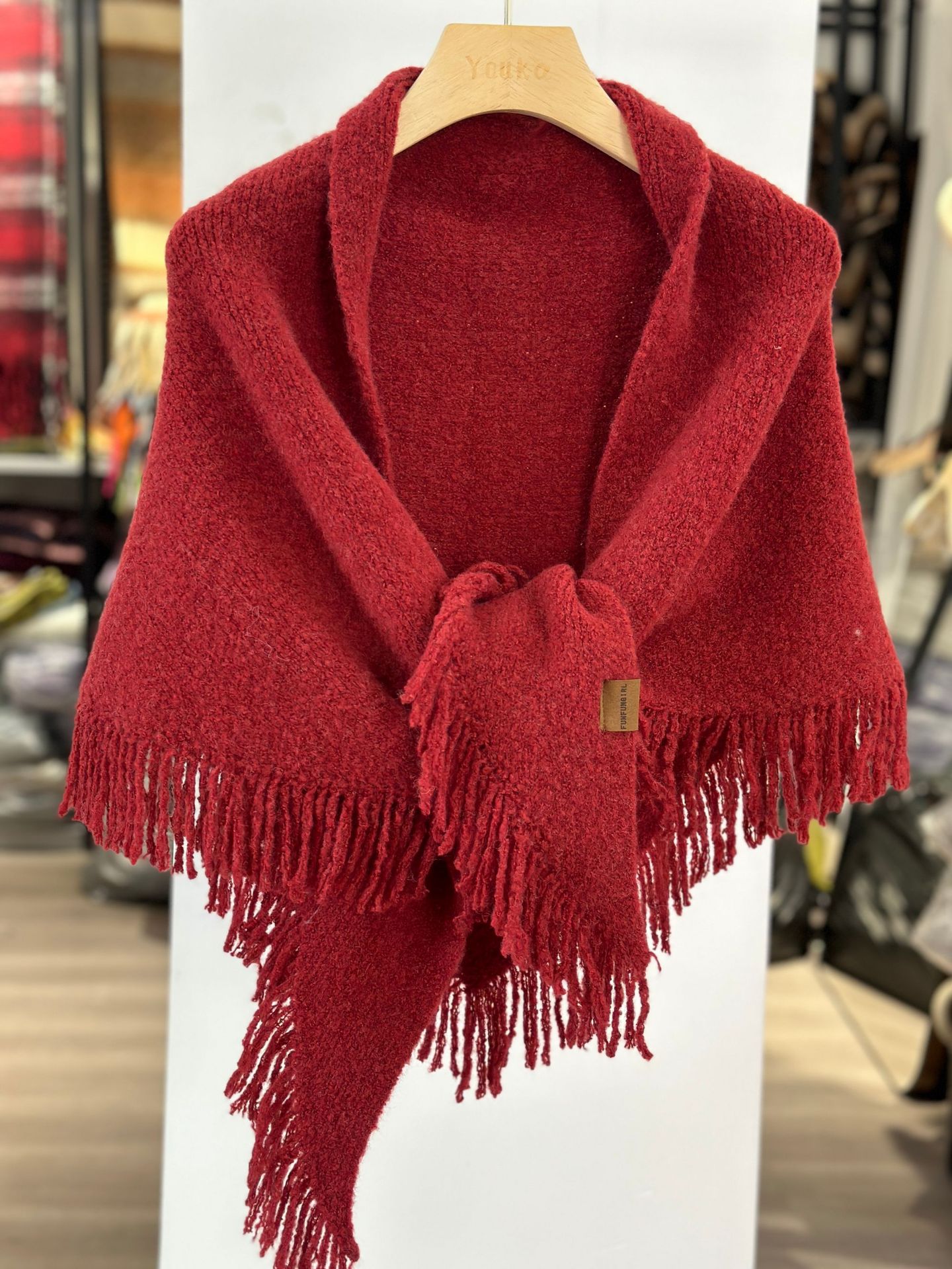 V888-ELOSUNG28683-202505191347-00 Red Versatile Fringed Faux Wool Triangle Shawl - Warm Knitted Scarf - Image 1