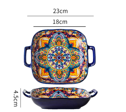 V888-ELOSUNG28727-202505191326-00 Kalia 9-Inch Bohemian Ceramic Double-Handled Square Plate - Image 1