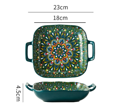 V888-ELOSUNG28729-202505191327-00 Emerald Plume 9-Inch Bohemian Ceramic Double-Handled Square Plate - Image 1