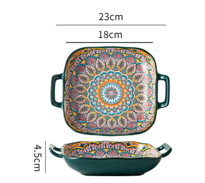 V888-ELOSUNG28763-202505231406-00 Morocco 9-Inch Bohemian Ceramic Double-Handled Square Plate - Image 1