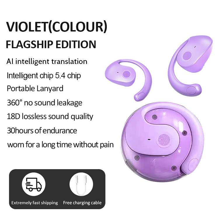 V888-ELOSUNG28834-202505231320-00 Purple T2 AI Smart Translation Earbuds - Open-Ear OWS Bluetooth 5.4 Headphones with Simultaneous Interpretation & IPX4 Waterproof - Image 1
