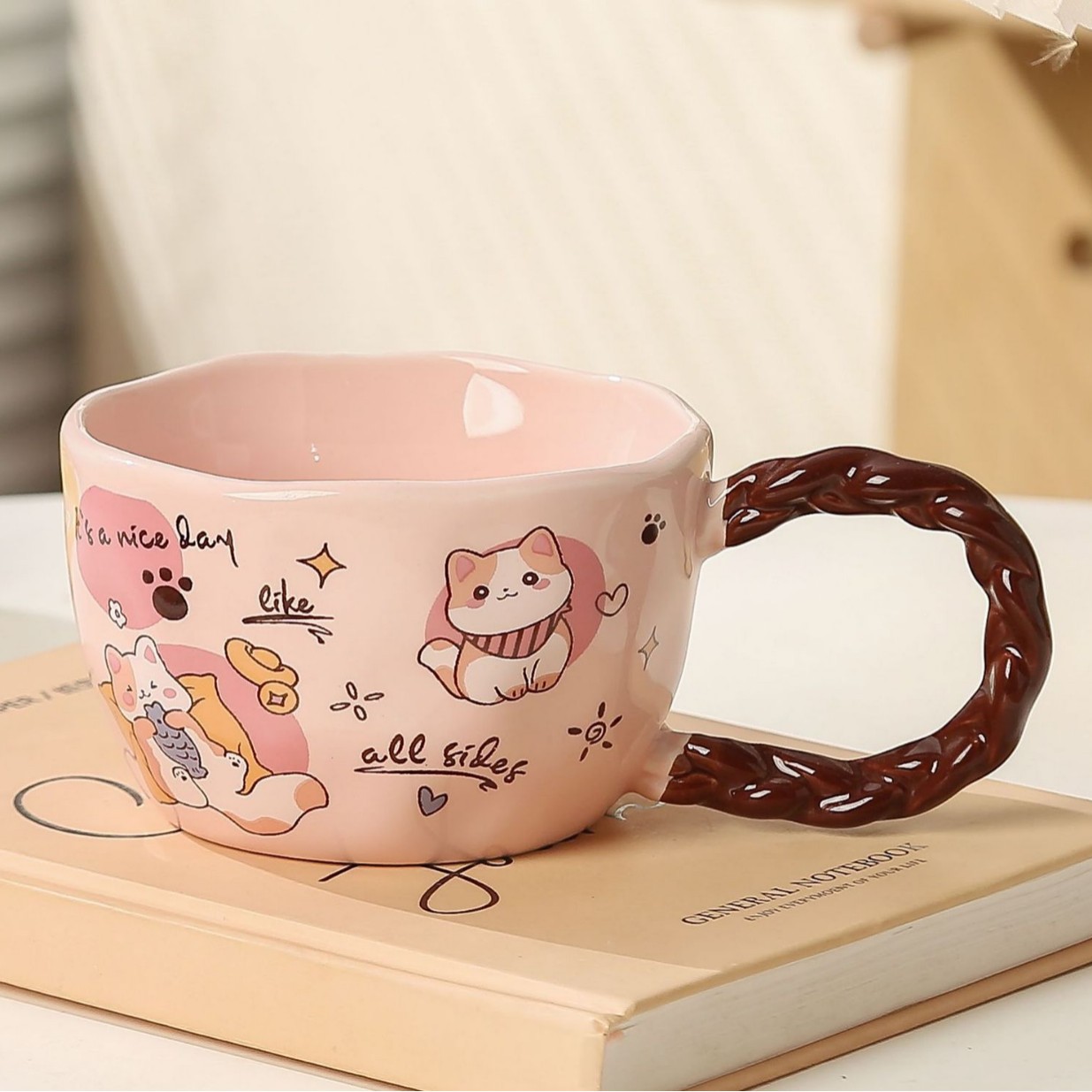 V888-ELOSUNG29116-202505231242-00 Whimsical Cat & Friends Ceramic Mug - 320ml with Unique Twisted Handle (pink) - Image 1