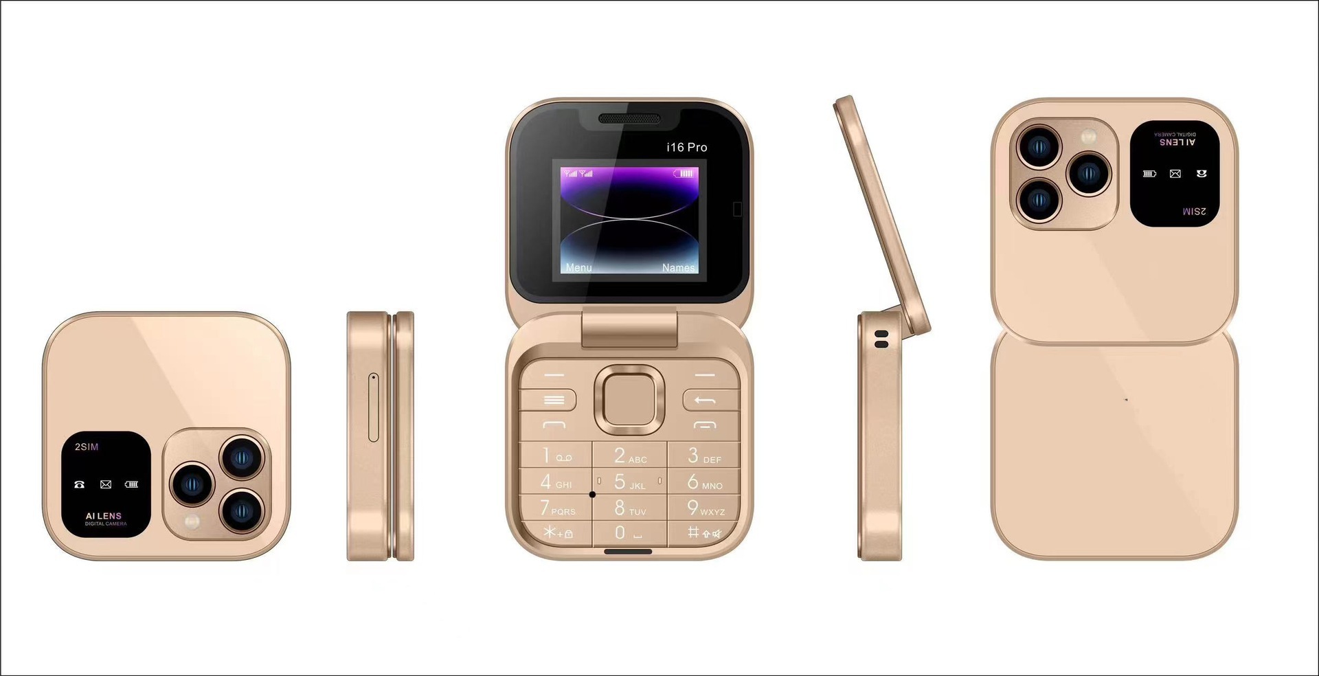 V888-ELOSUNG29293-202505261532-00 i16 Pro Mini Flip Phone - Dual SIM, AI Lens Digital Camera, Compact & Stylish Design(Gold) - Image 1