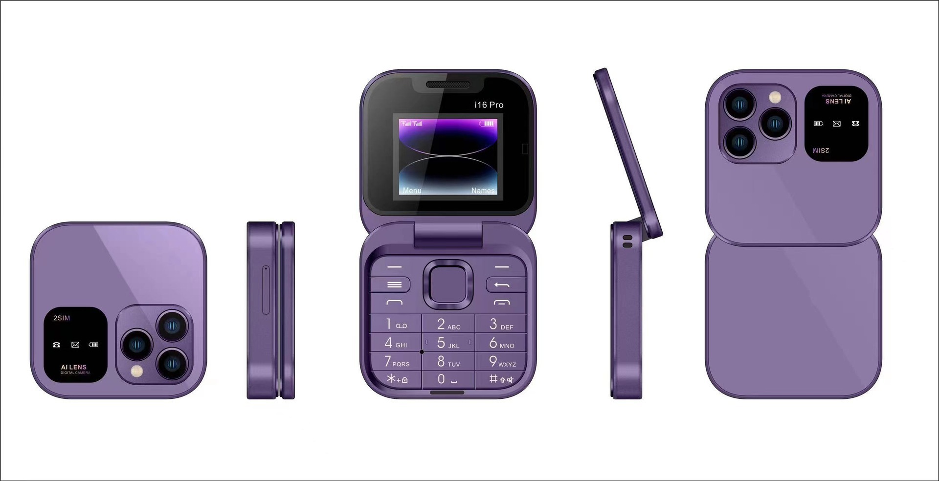 V888-ELOSUNG29294-202505261532-00 i16 Pro Mini Flip Phone - Dual SIM, AI Lens Digital Camera, Compact & Stylish Design(Purple) - Image 1