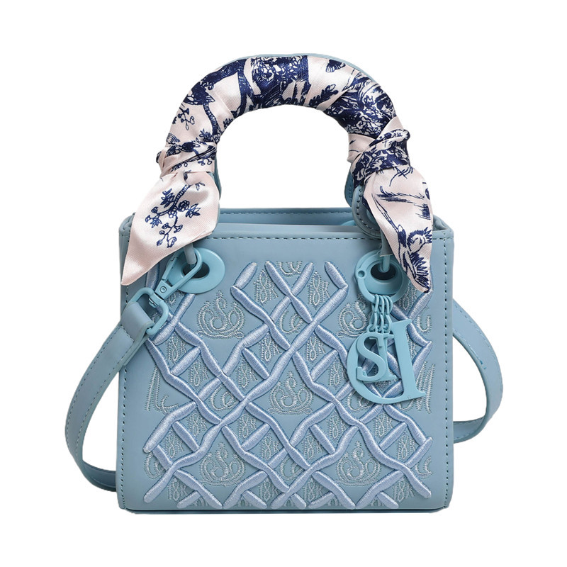 V888-ELOSUNG29927-202506191141-00 Elegant Embossed PU Leather Handbag with Scarf Detail - Versatile Top-Handle & Crossbody Bag(blue) - Image 1