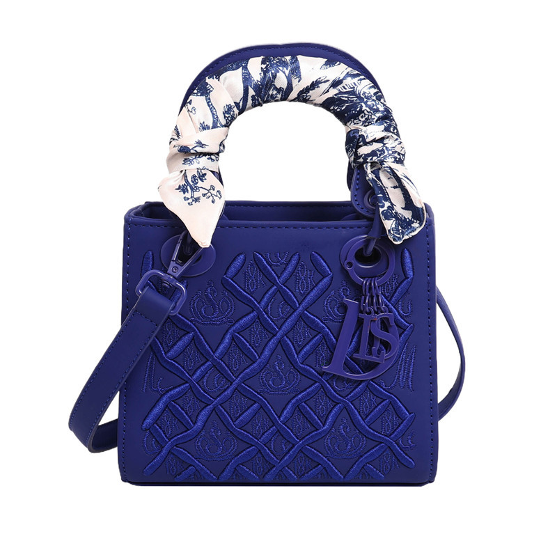 V888-ELOSUNG29928-202506191141-00 Elegant Embossed PU Leather Handbag with Scarf Detail - Versatile Top-Handle & Crossbody Bag(dark blue) - Image 1