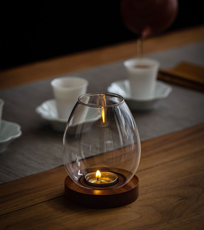 V888-ELOSUNG31010-202505191321-00 Windproof Glass Candle Cover with Wood Base - For Tealights, Zen Home Accent (Transparent candle holder) - Image 1