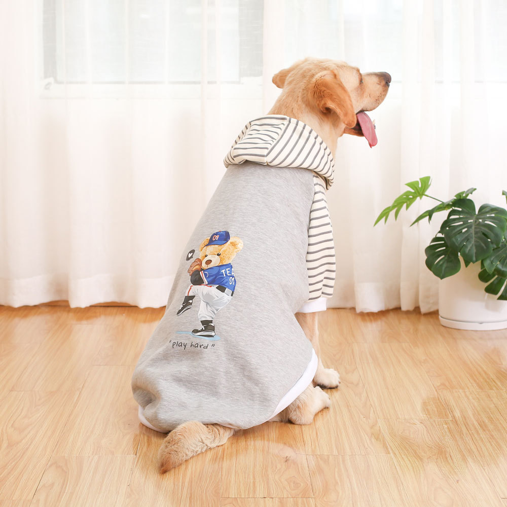 V888-ELOSUNG31167-202505281117-00 Autumn/Winter Dog Clothes - Grey Hoodie with Striped Hood & Baseball Bear (Size - L) - Image 1