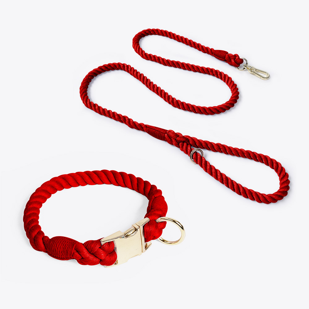 V888-ELOSUNG31240-202505281046-00 Handmade Rope Dog Collar and Leash Set - Colorful Woven Cotton Cotton (Wine red - Size XL) - Image 1
