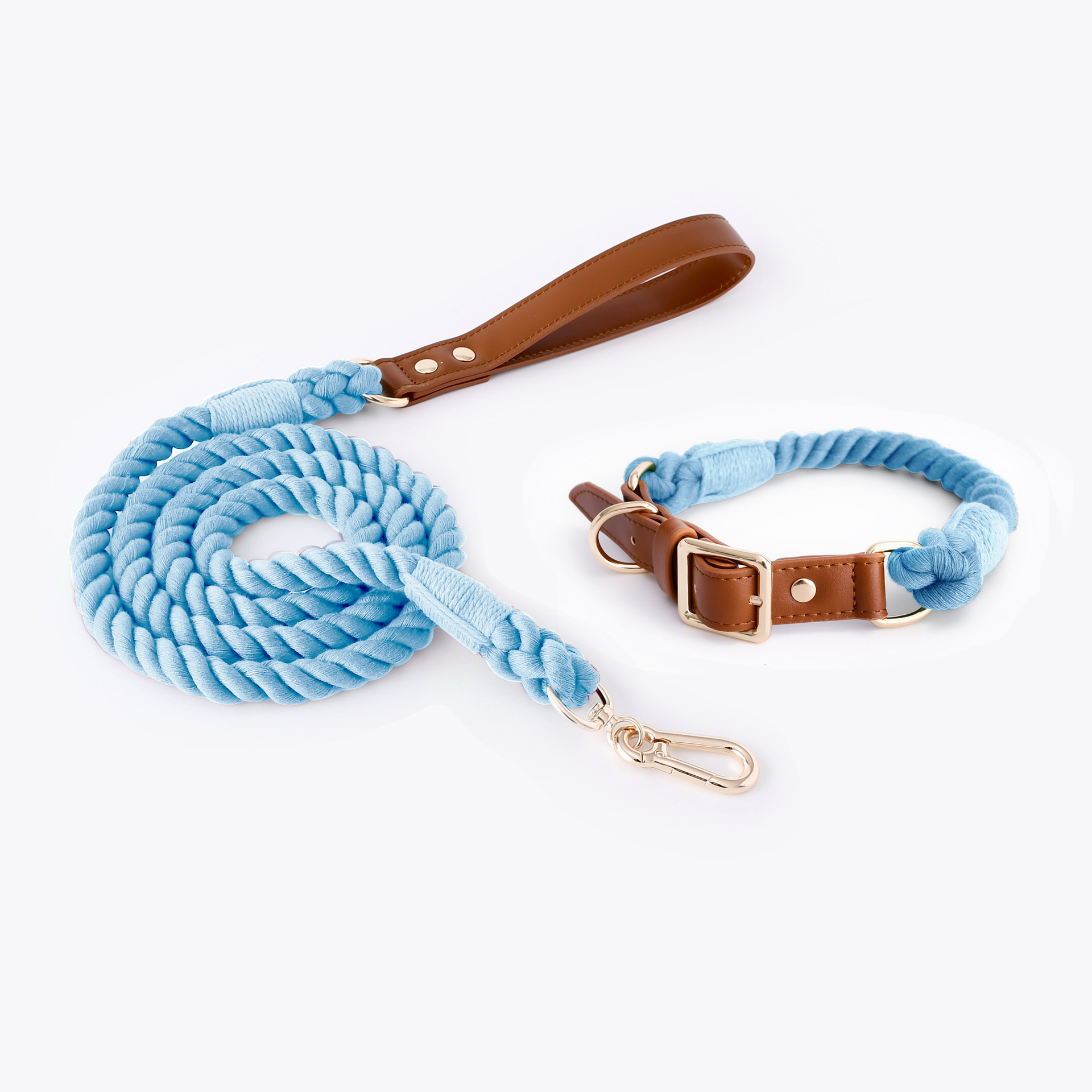V888-ELOSUNG31253-202505301151-00 Premium Leather Pet Collar and Leash - Soft, Strong Braided Rope (Sky blue - Size L) - Image 1