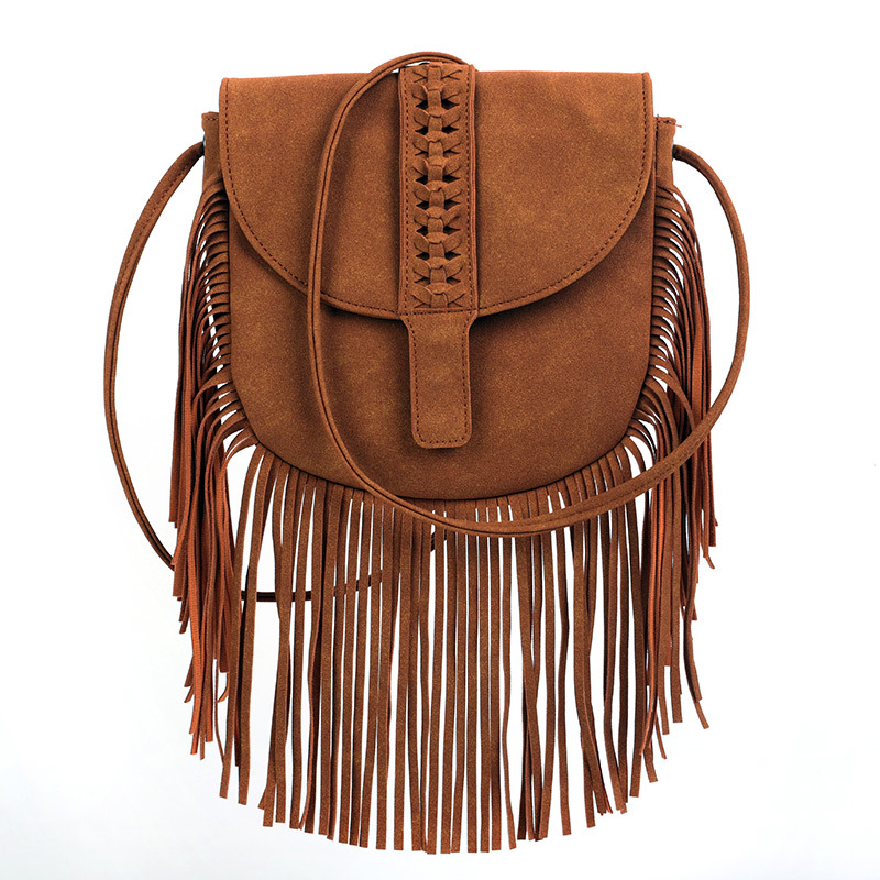 V888-ELOSUNG32005-202505261611-00 Brown Chic Bohemian Fringe Crossbody Bag - Suede-Look PU Leather with Braided Detail & Adjustable Strap - Image 1