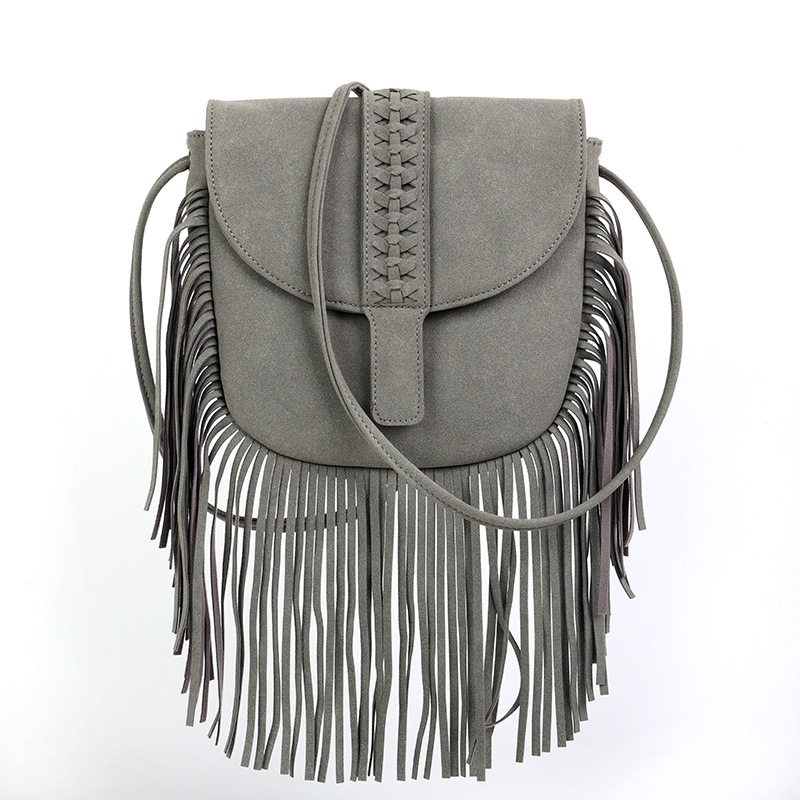 V888-ELOSUNG32006-202505261611-00 Grey Chic Bohemian Fringe Crossbody Bag - Suede-Look PU Leather with Braided Detail & Adjustable Strap - Image 1