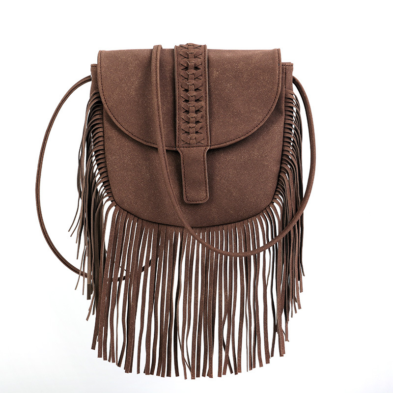 V888-ELOSUNG32007-202505261611-00 Coffee Chic Bohemian Fringe Crossbody Bag - Suede-Look PU Leather with Braided Detail & Adjustable Strap - Image 1