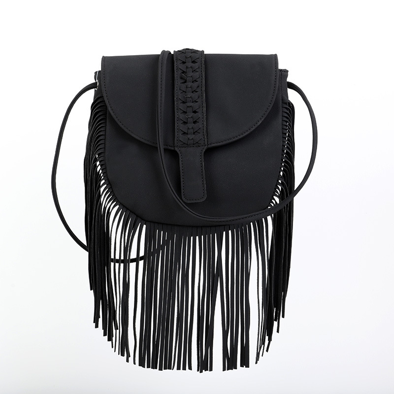 V888-ELOSUNG32008-202505261612-00 Black Chic Bohemian Fringe Crossbody Bag - Suede-Look PU Leather with Braided Detail & Adjustable Strap - Image 1