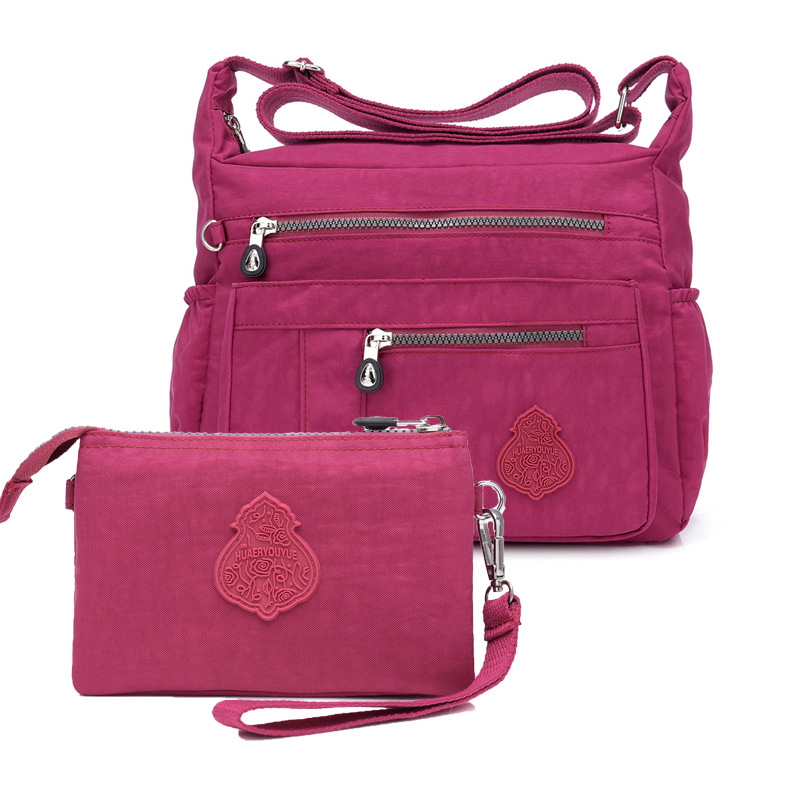 V888-ELOSUNG32060-202505261536-00 Rose Red Versatile Womens Nylon Water-Repellent Crossbody Shoulder Bag Set with Matching Clutch Pouch - Lightweight & Multi-Pocket - Image 1