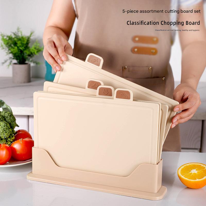 V888-ELOSUNG32076-202505281048-00 Beige 4-Piece Index Cutting Board Set with Ventilated Storage Stand - Food-Safe PP Kitchen Chopping Boards - Image 1