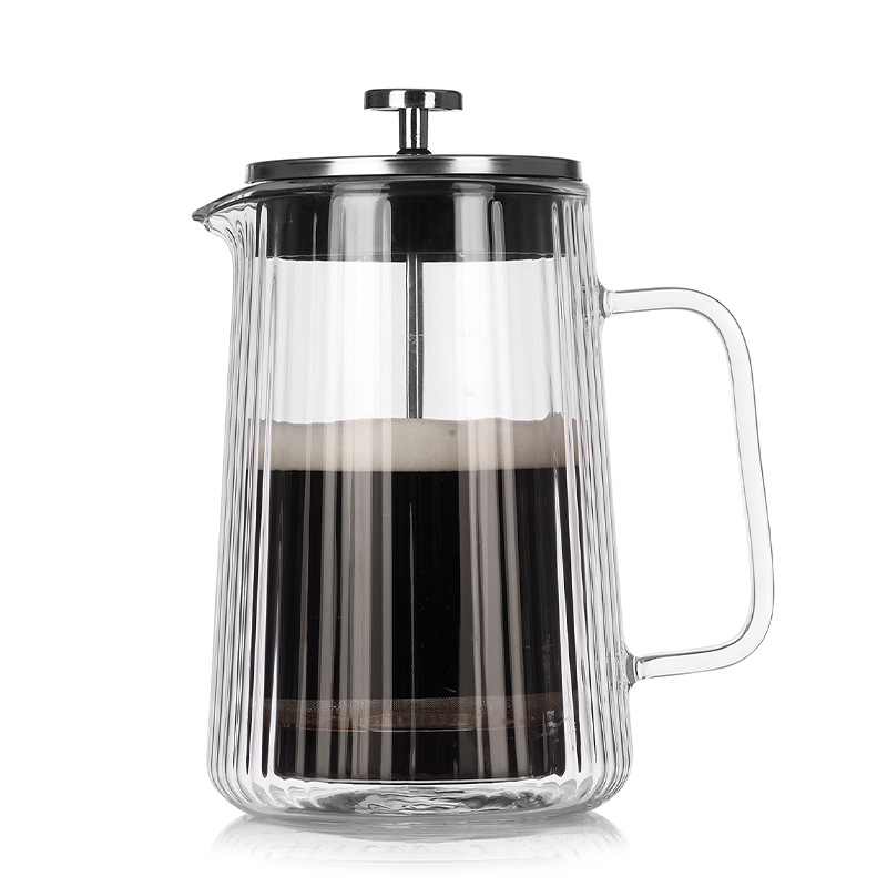 V888-ELOSUNG32108-202505281027-00 Transparent Elegant Ribbed Double Wall Glass French Press - 1000ml Heat Resistant Coffee and Tea Maker with Stainless Steel Filter - Image 1