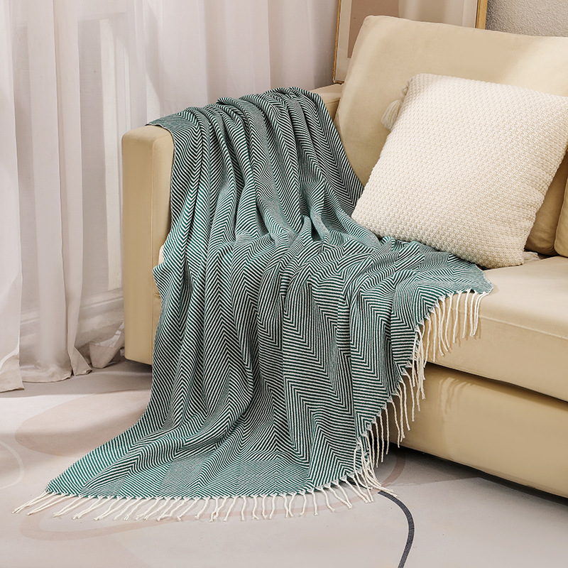 V888-ELOSUNG32125-202505281111-00 Green Elegant Herringbone Tassel Throw Blanket - Large Acrylic Faux Cashmere Soft Cozy Blanket for Sofa, Bed & Decor (130x240cm) - Image 1
